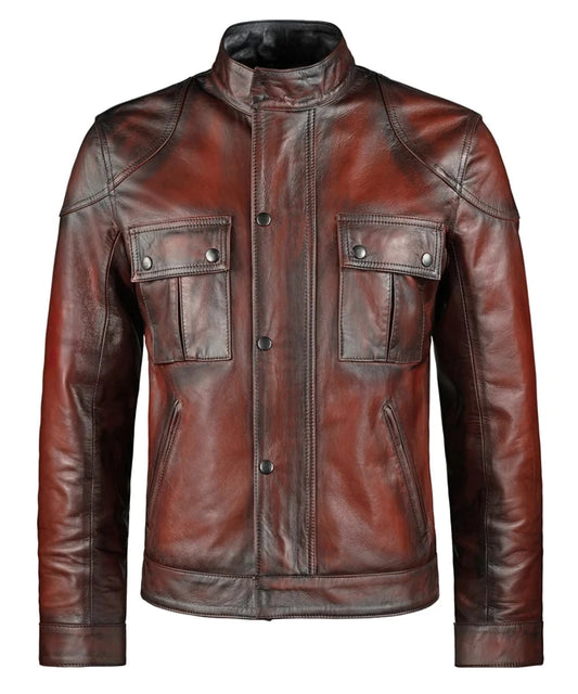 Front view of antique red leather jacket with slim fit styling with button closure