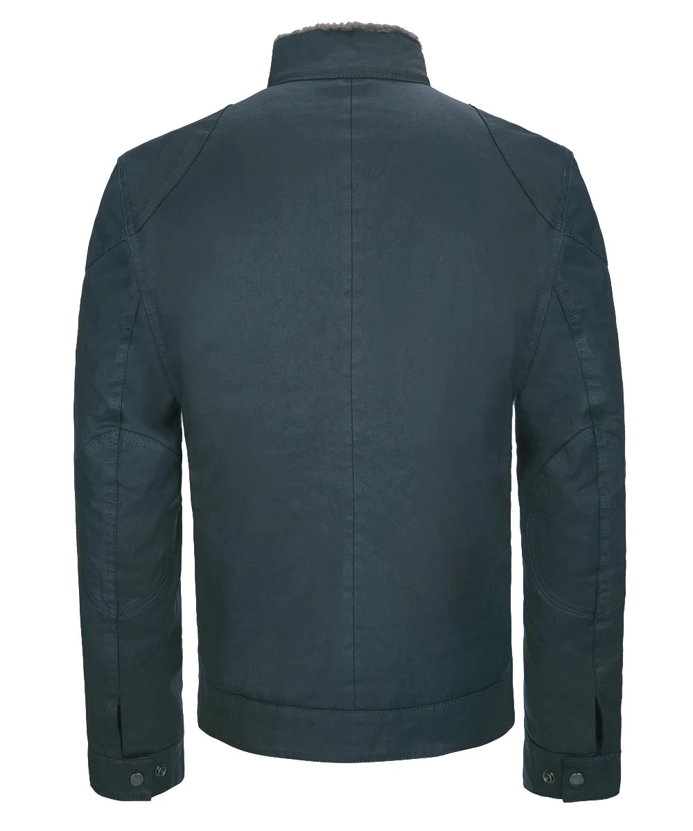 Back view of vintage green cotton jacket with slim fit styling
