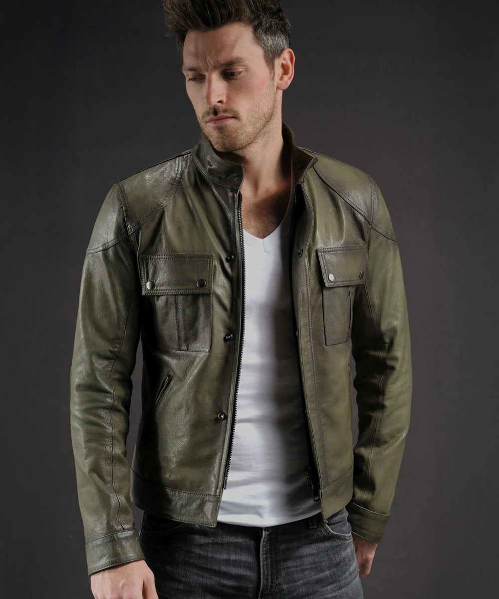 Men's olive green leather jacket with square chest pocket and snap closure