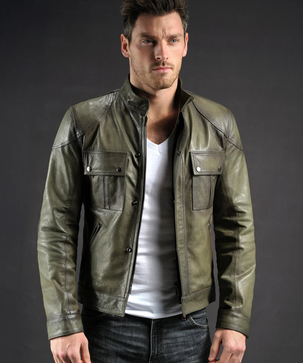 Mens green leather jacket. Waist length, slim fit tailored style.