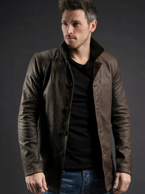 Model wearing Dean Winchester Supernatural replica brown calf leather jacket with vintage styling