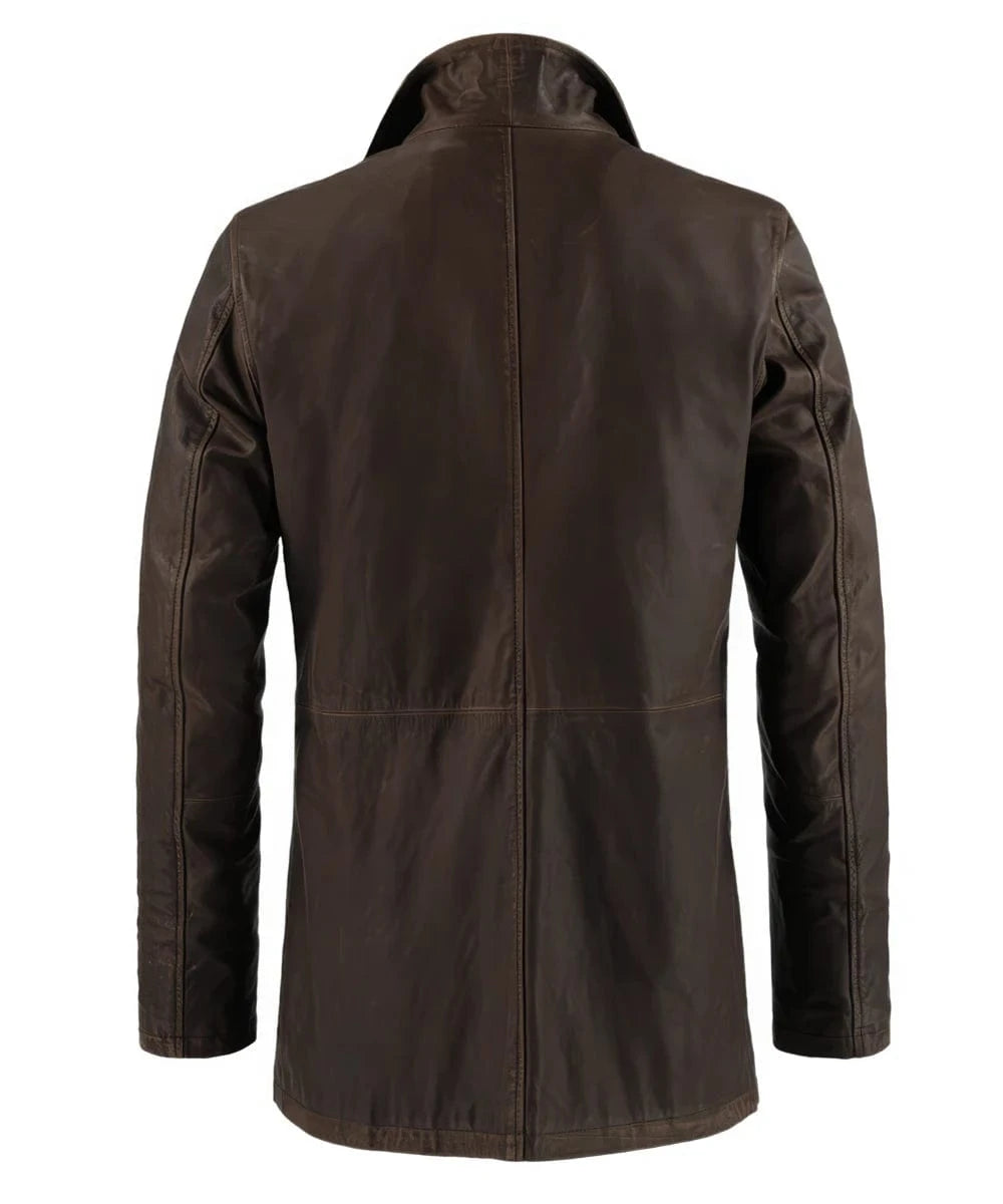 Back view of Winchester premium Italian brown calf leather jacket with turned up collar