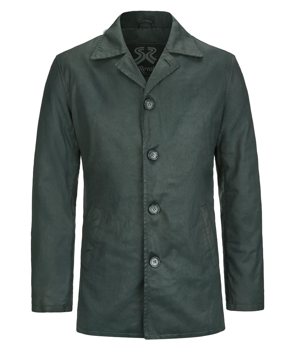 Front view of Dean Winchester Supernatural green cotton jacket with collar down