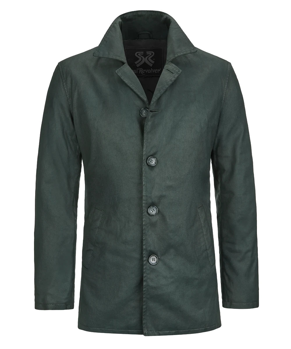 Front view of Dean Winchester Supernatural green cotton jacket with button closure