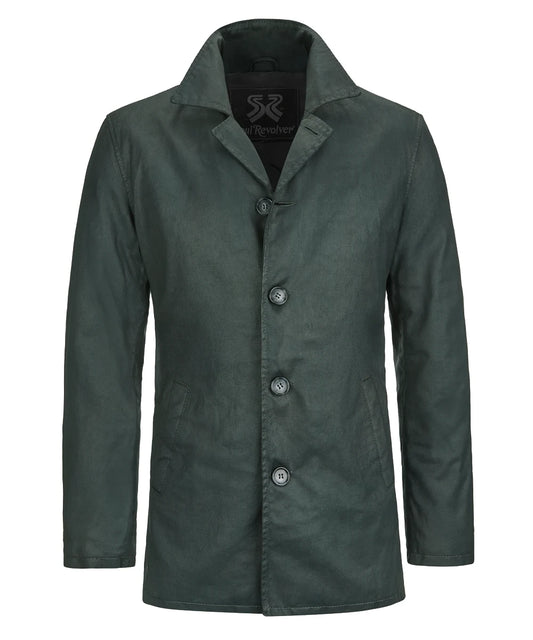 Front view of Dean Winchester Supernatural green cotton jacket with button closure