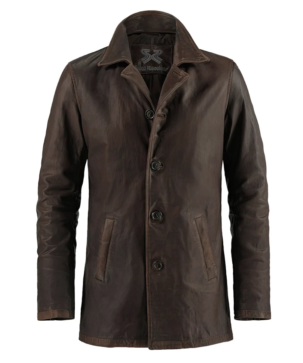 Front view of Winchester vegetable tanned brown Italian calf leather jacket with button fastening