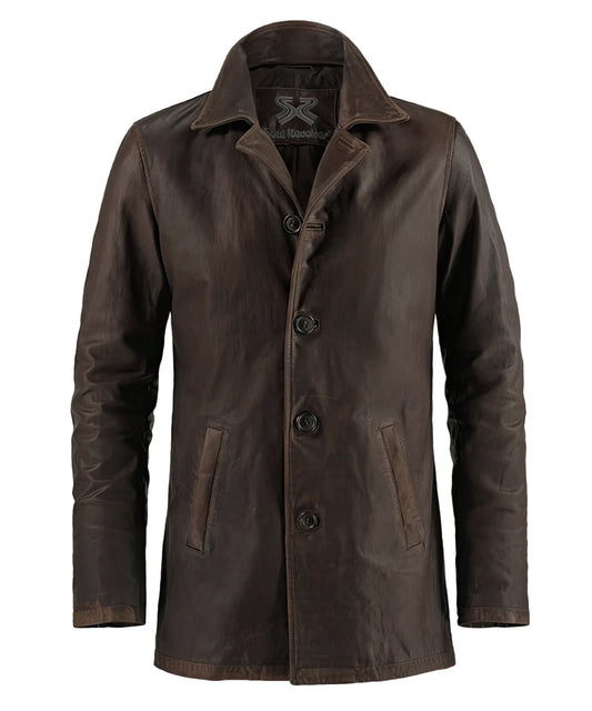 Front view of Winchester vegetable tanned brown Italian calf leather jacket with button fastening