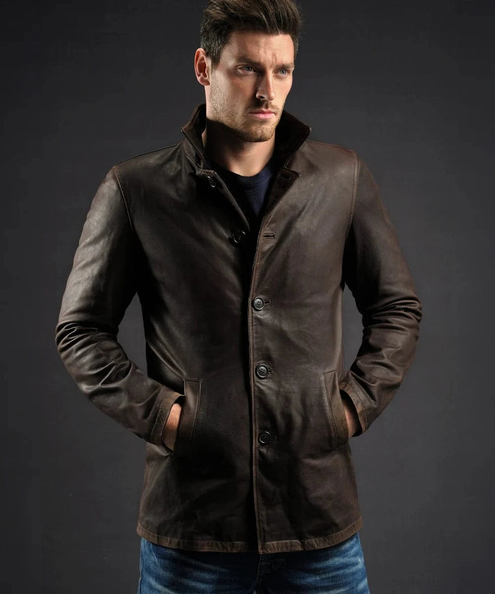 Model wearing Winchester brown Italian calf leather jacket with hands in pockets