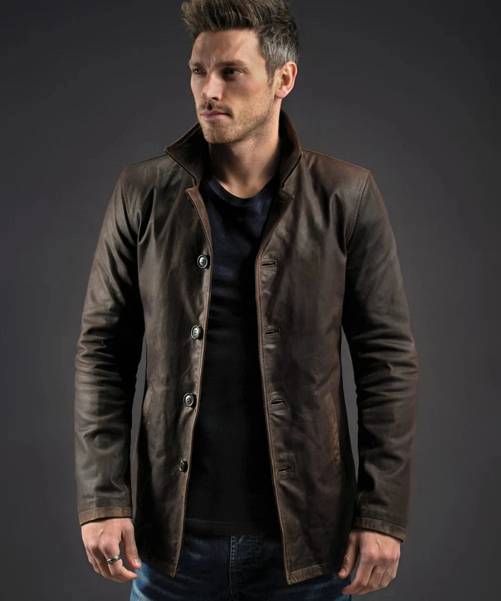 Model wearing Winchester vegetable tanned brown Italian calf leather jacket with vintage styling and modern slim fit