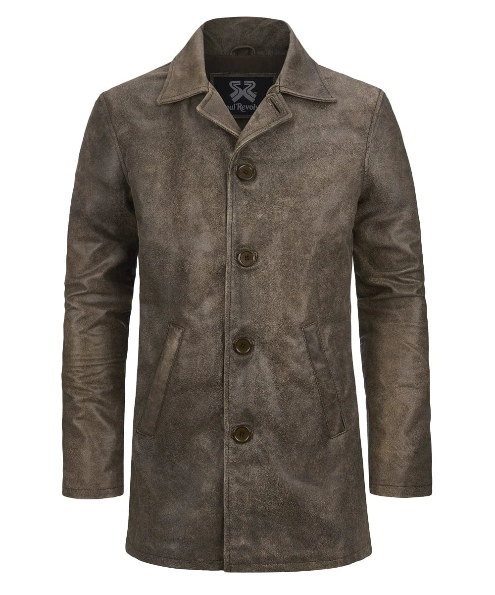 Front view of Dean Winchester Supernatural distressed brown cowhide leather jacket with vintage styling