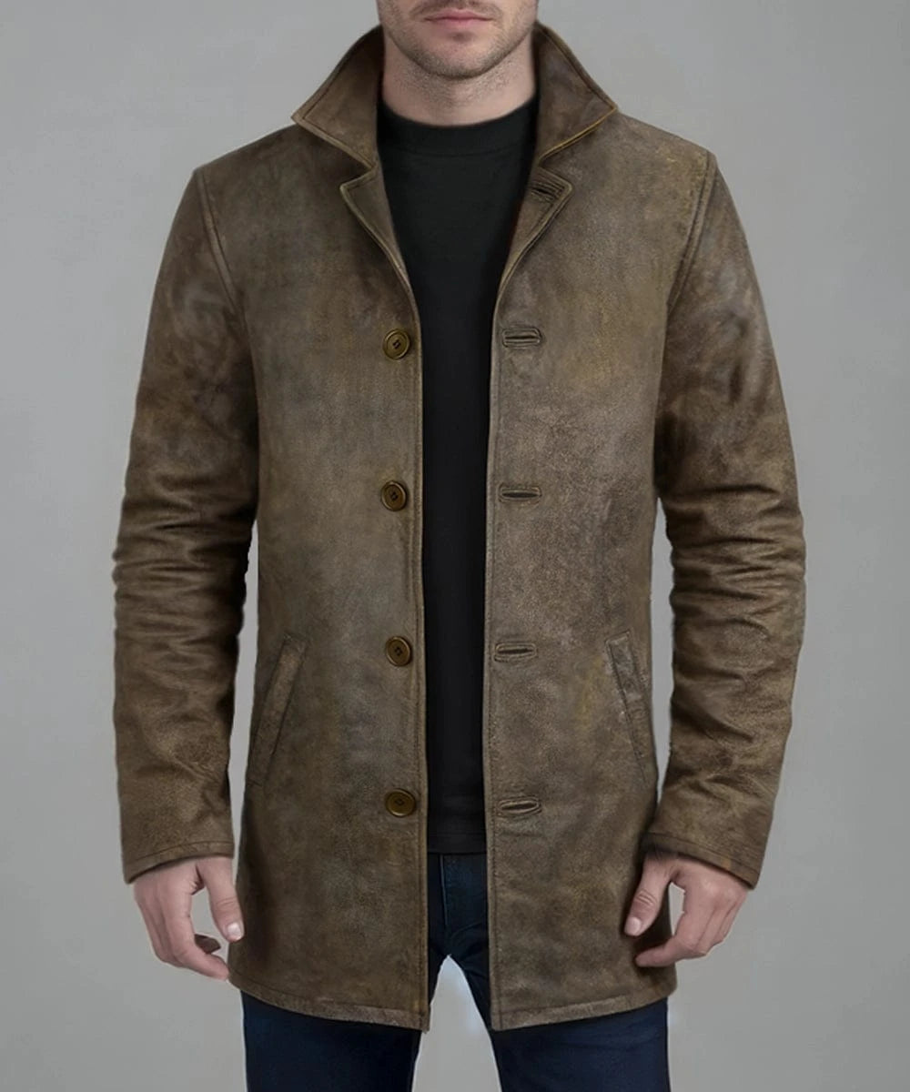 Model wearing Dean Winchester Supernatural distressed brown cowhide leather jacket with vintage styling