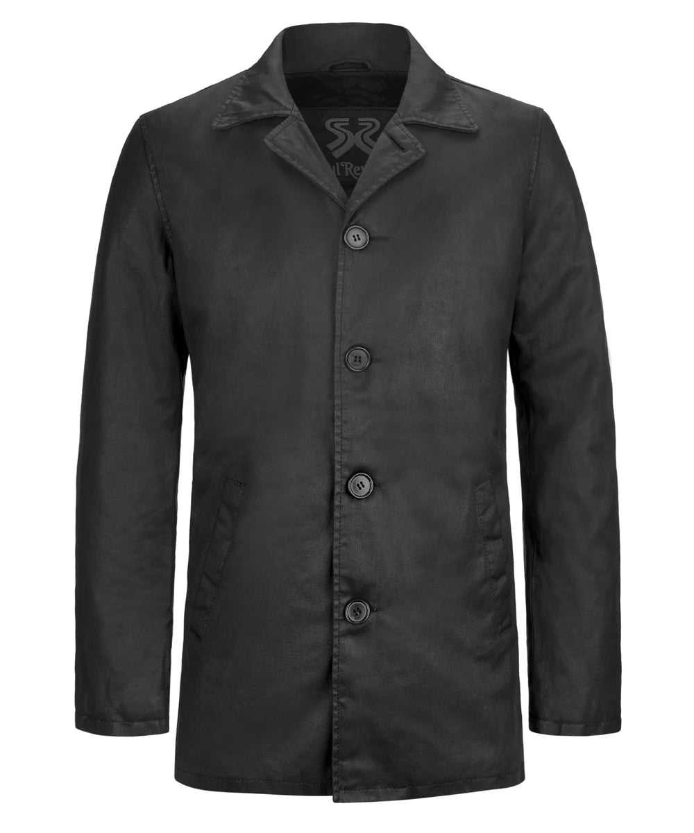 Front view of Dean Winchester Supernatural black cotton jacket with collar down