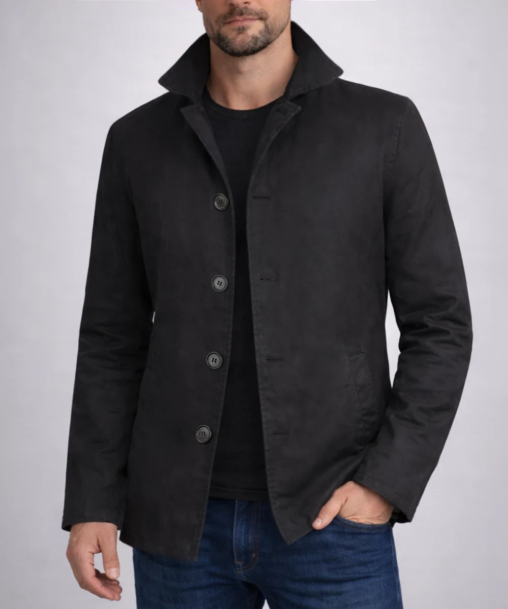 Model wearing Dean Winchester Supernatural replica black cotton jacket with hand in pocket