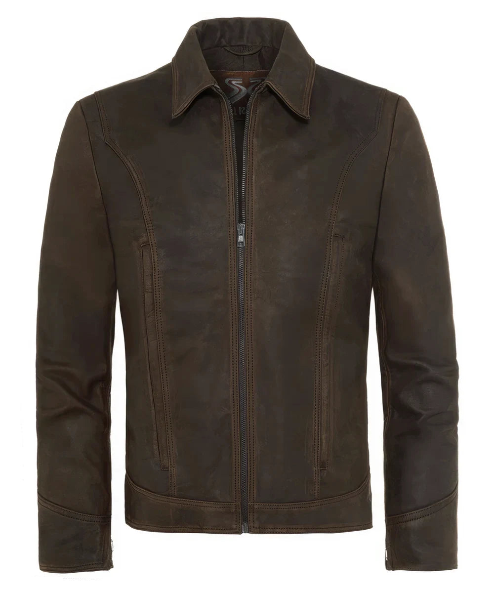 Front view of  Wolverine X-Men Days of Future Past brown premium calf leather jacket with vintage collar styling