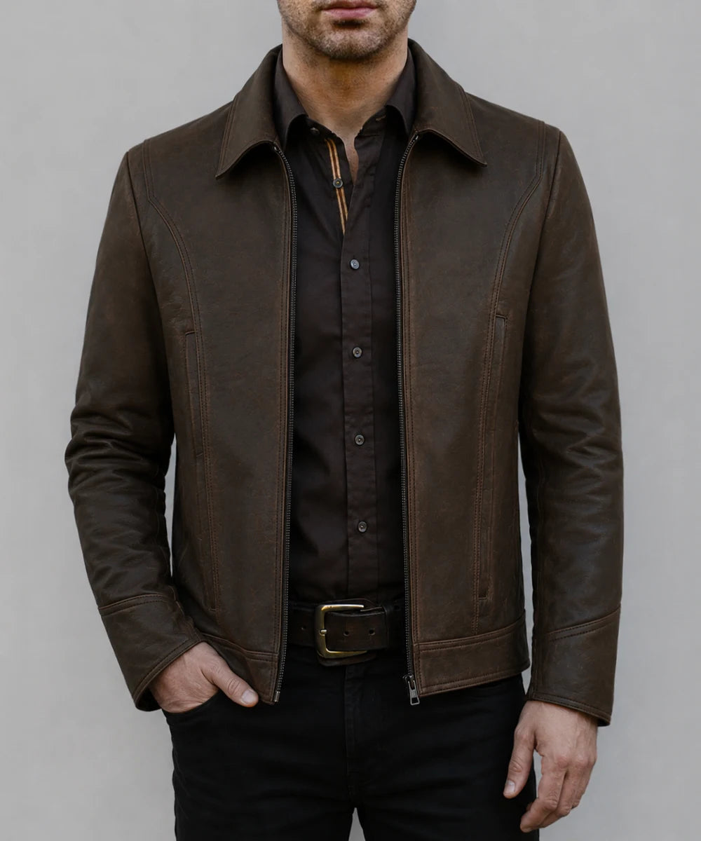 Model wearing Wolverine X-Men Days of Future Past brown calf leather jacket with vintage styling