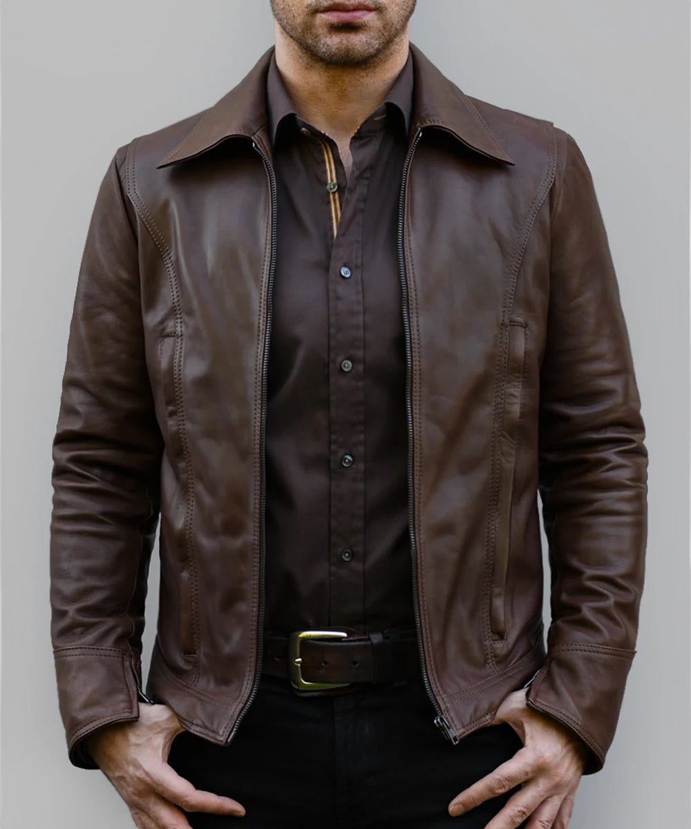 Model wearing premium brown leather jacket with vintage styling