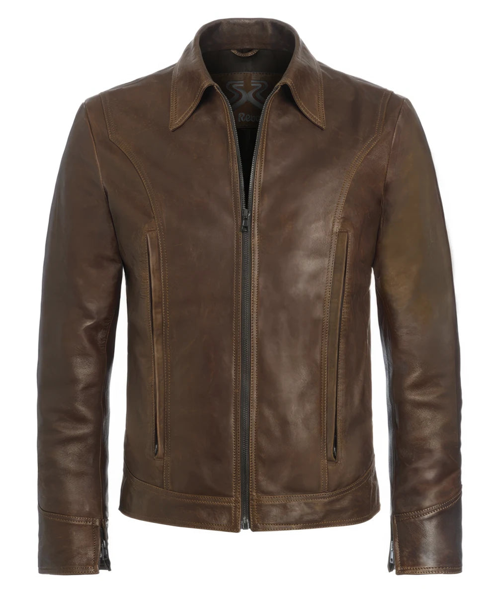 Front view of Wolverine X-Men Days of Future Past premium brown lambskin leather jacket with vintage styling