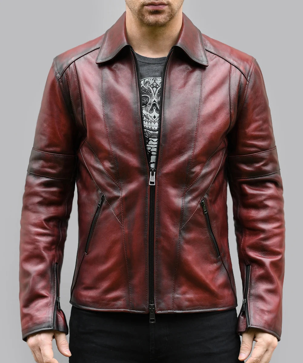 Model wearing vintage red leather jacket with slim fit styling and distressed finish