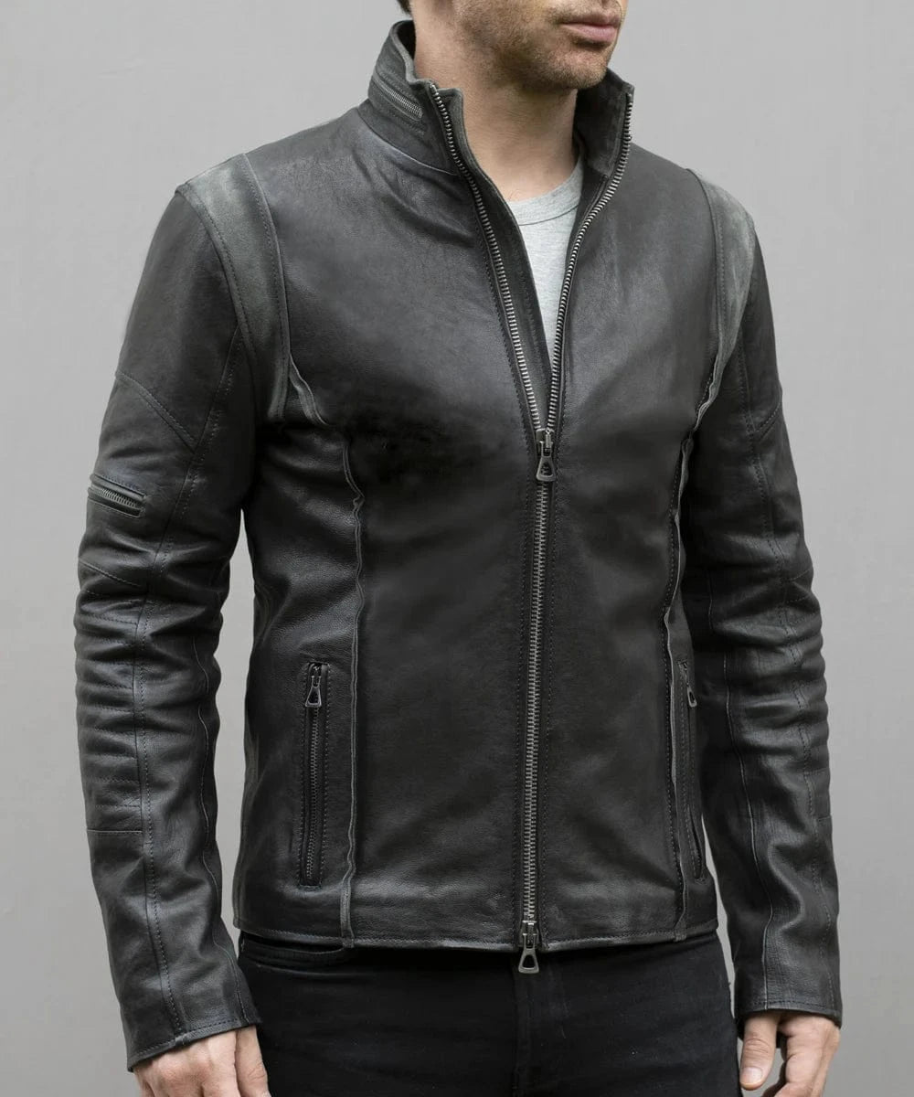 Male model styling grey leather A-10 jacket with slim fit silhouette