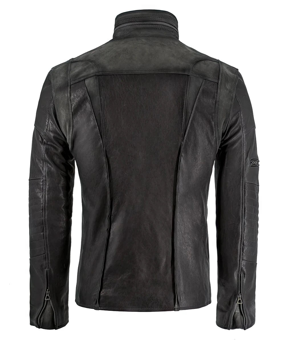 Rear view of menâ€™s grey leather A-10 jacket with panel detailing