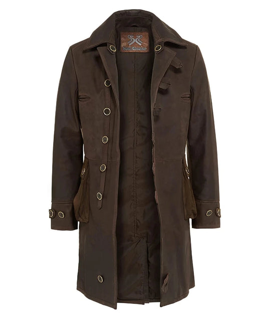 Open front view of brown Bane replica coat in Italian calf leather