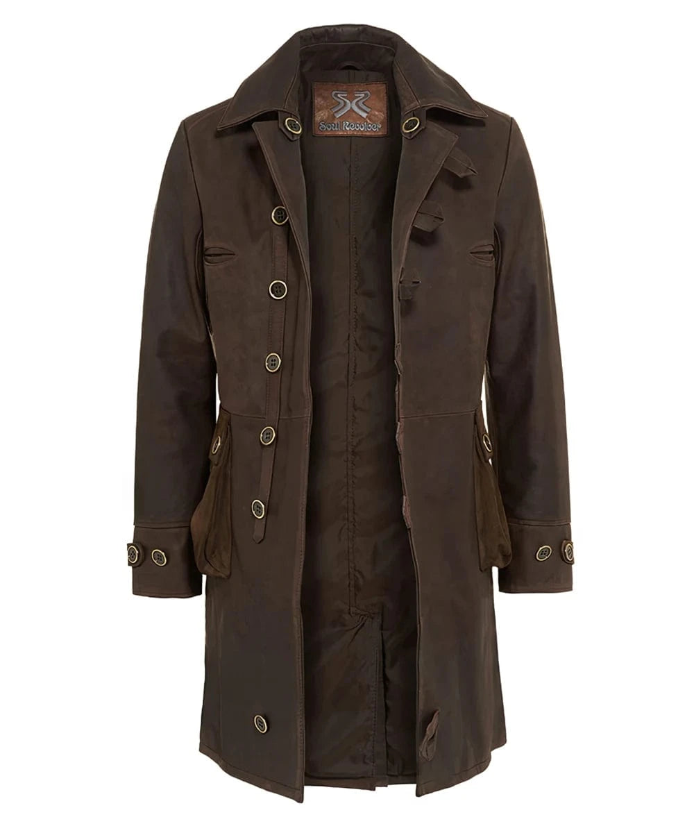 Open front view of brown Bane replica coat in Italian calf leather