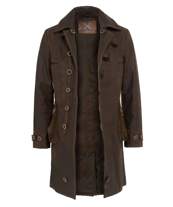 Open front view of brown Bane replica coat in Italian calf leather