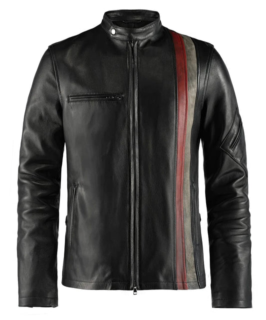 Black Cyclops replica leather jacket with diagonal red and white racing stripe front view