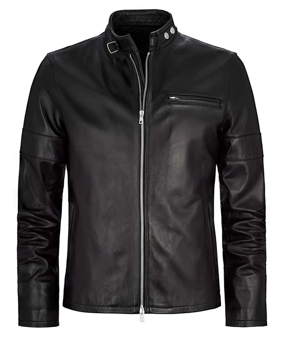 Black Daytona leather jacket with buckle collar and zip chest pocket front view