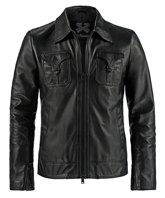 Vintage style black leather jacket with western chest pockets and zip front view