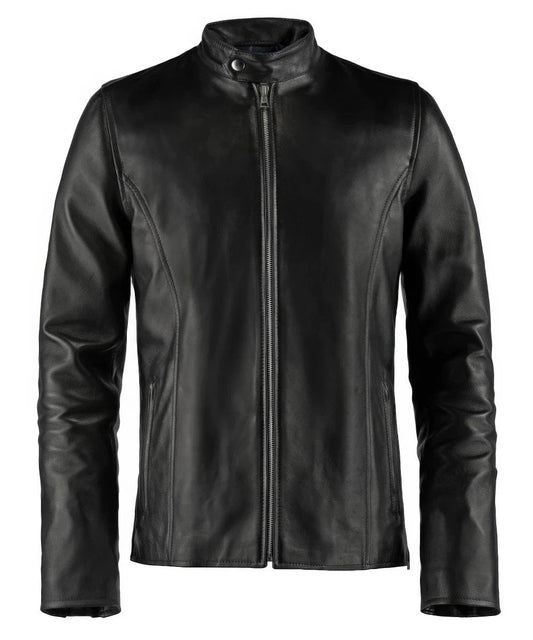 Black cafe racer style leather jacket for men with stand collar and zip front view