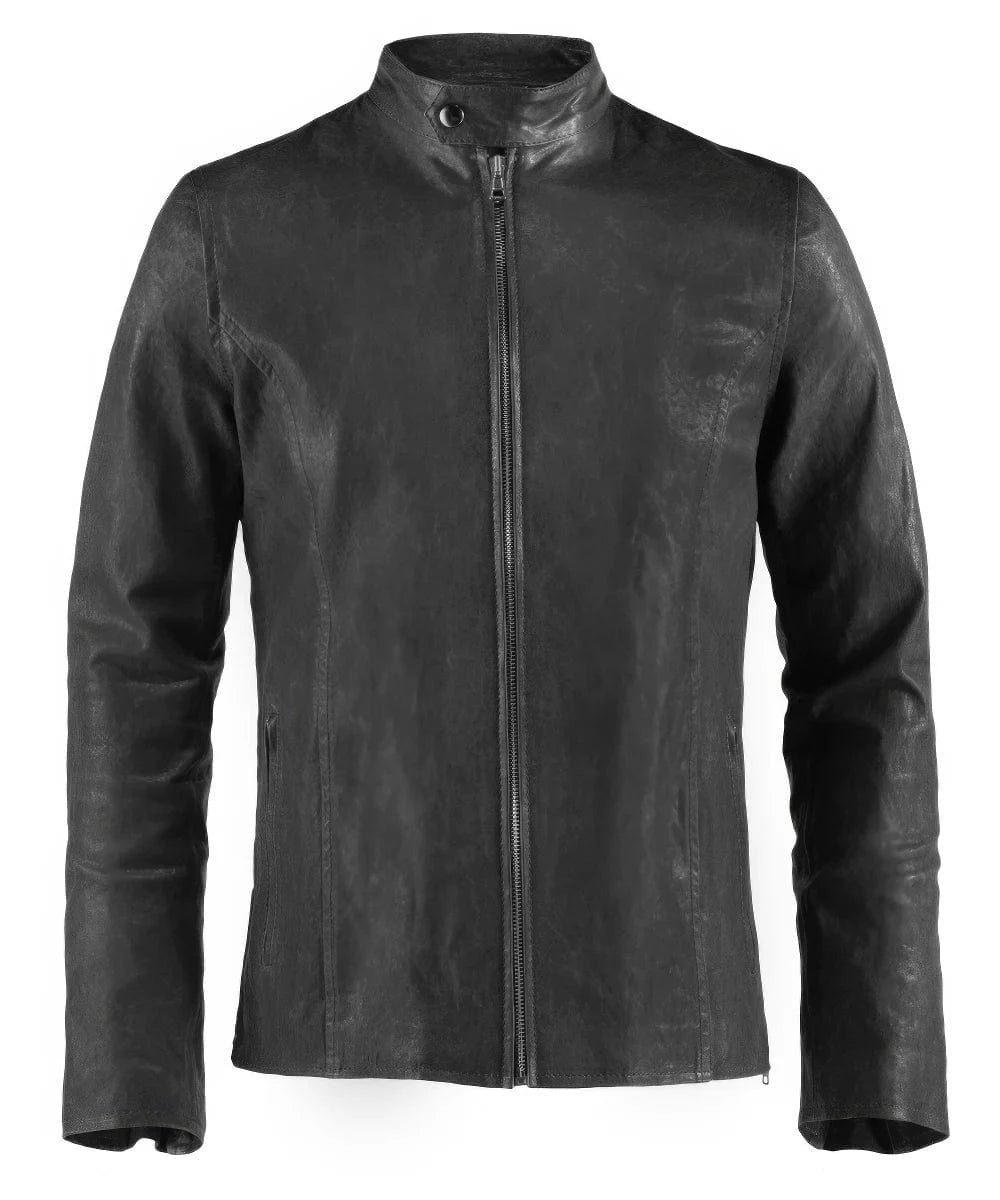 Vintage style grey leather cafe racer jacket for men with stand collar and zip front view