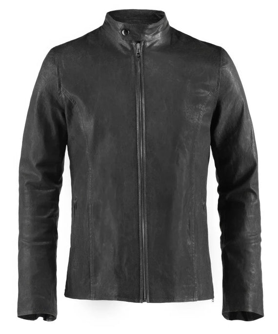 Vintage style grey leather cafe racer jacket for men with stand collar and zip front view