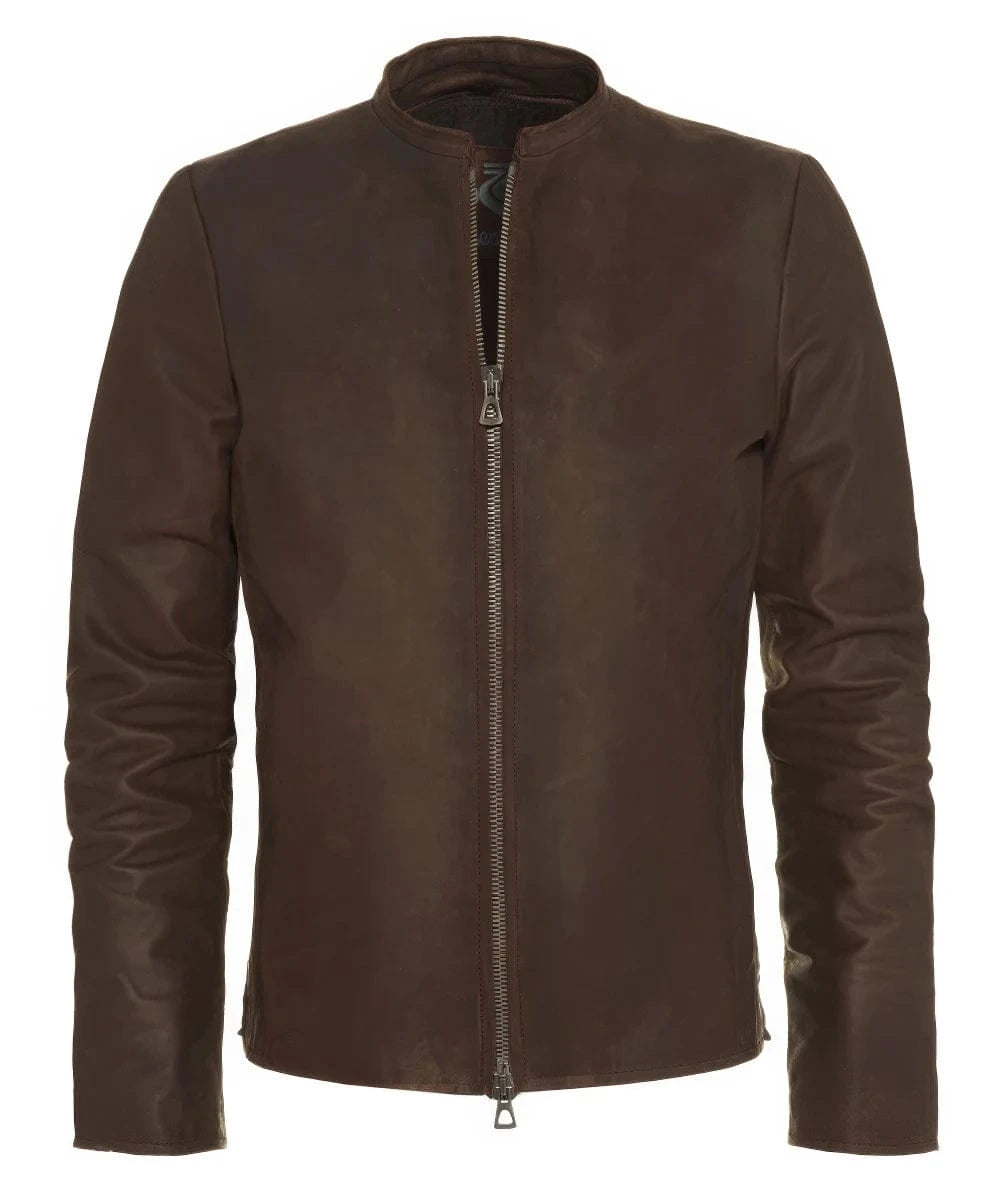 Vintage slim fit brown calf leather jacket with clean stand collar and zip front design