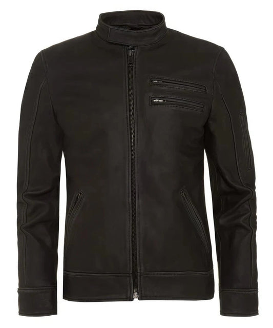 Slim fit black calf leather jacket with double chest zip detail