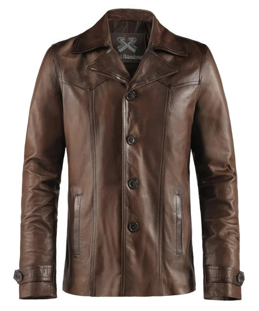 Vintage slim fit brown leather jacket with retro lapel styling and tailored button front design