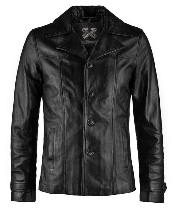 Vintage slim fit black leather jacket with button front styling