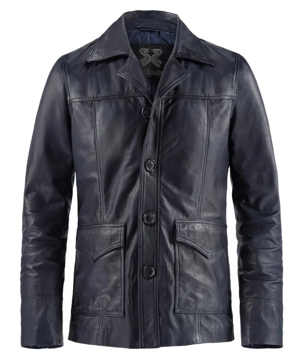 Vintage slim fit blue leather jacket with retro button front styling and western seam detailing