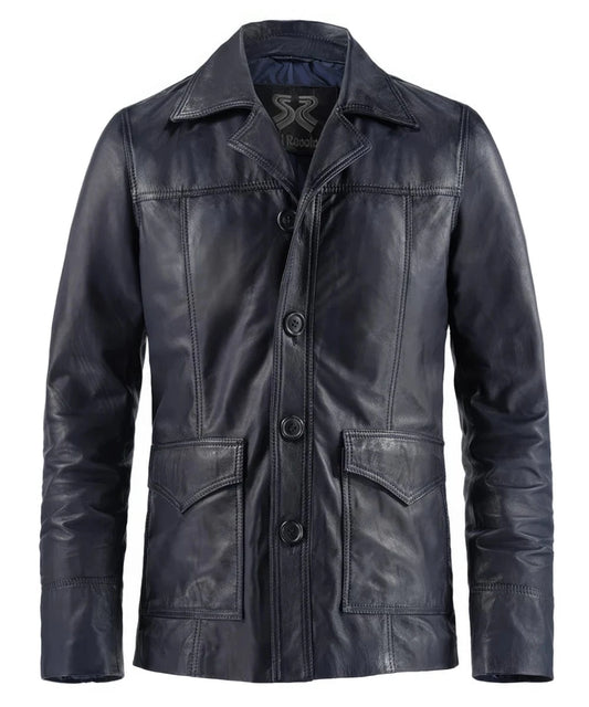 Vintage slim fit blue leather jacket with retro button front styling and western seam detailing
