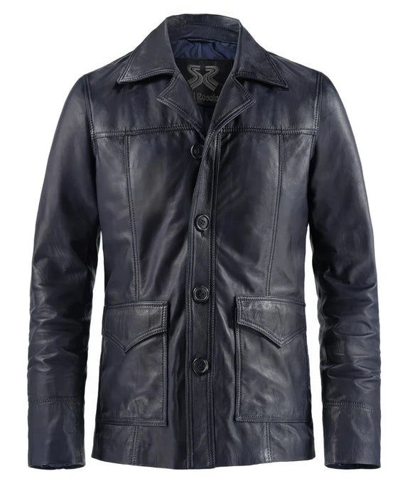 Vintage slim fit blue leather jacket with retro button front styling and western seam detailing