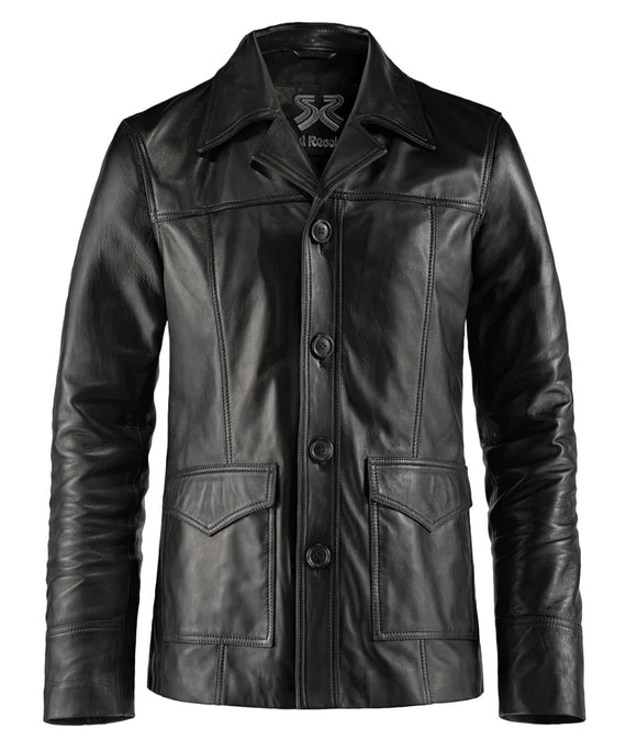 Vintage slim fit black leather jacket with button front styling