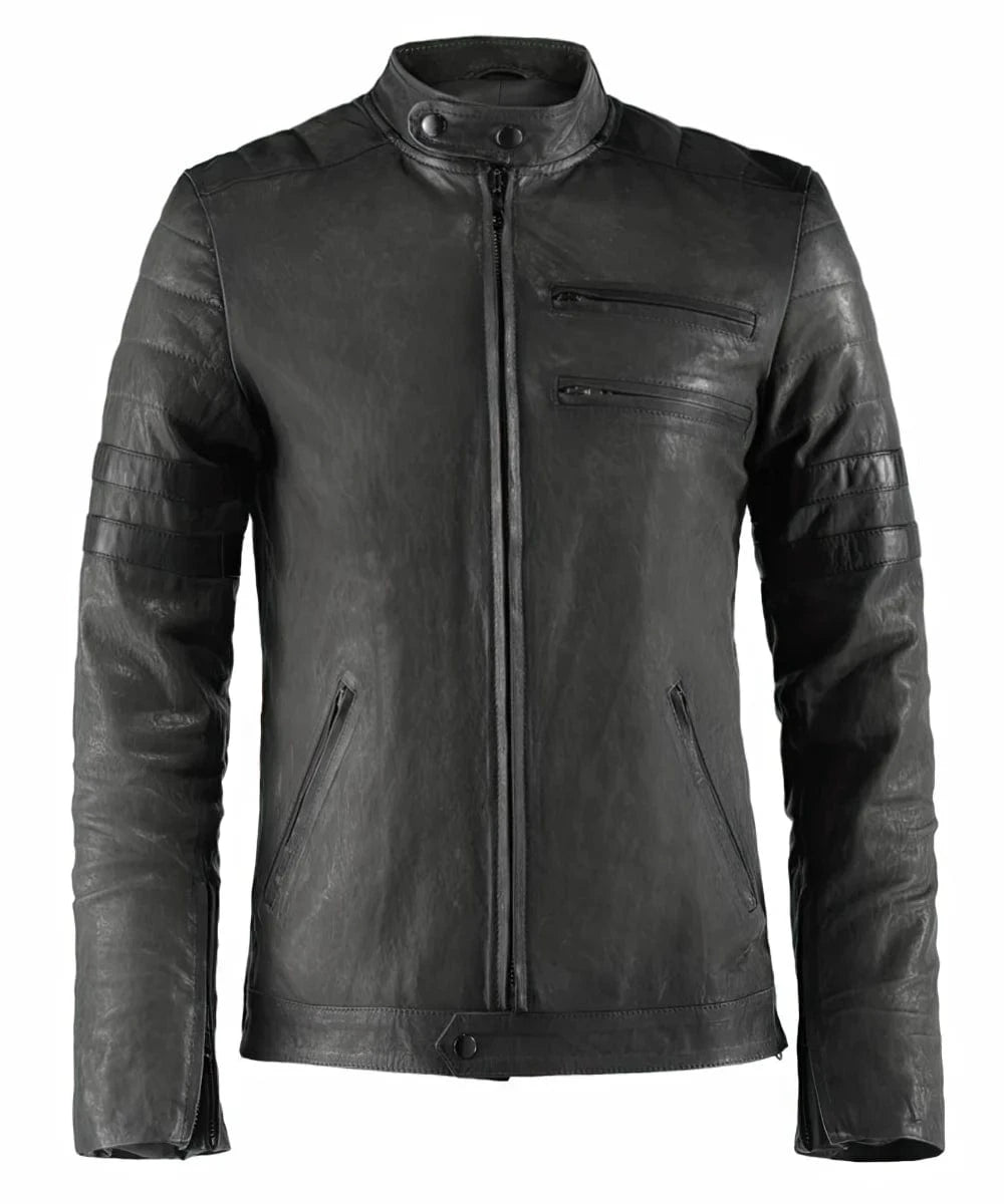 Vintage slim fit grey leather cafe racer jacket with biker inspired stripe detailing and zip chest pockets