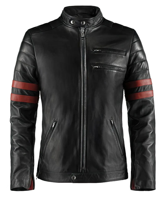 Vintage slim fit black leather jacket with racer stripe detailing and cafe racer styling