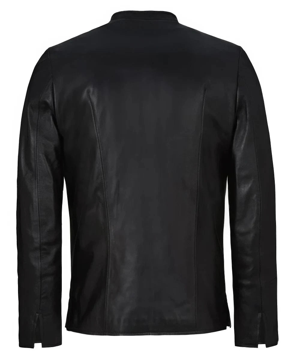 Back view of slim fit black leather jacket with clean rear seam detailing and streamlined silhouette