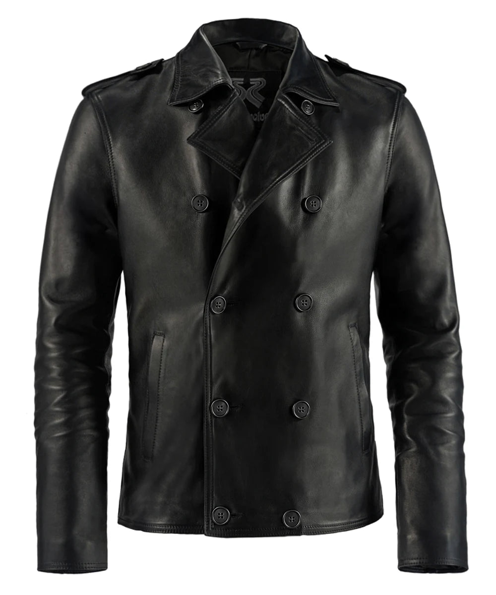 Mannequin view of a military style men's black leather jacket with double breasted buttons.