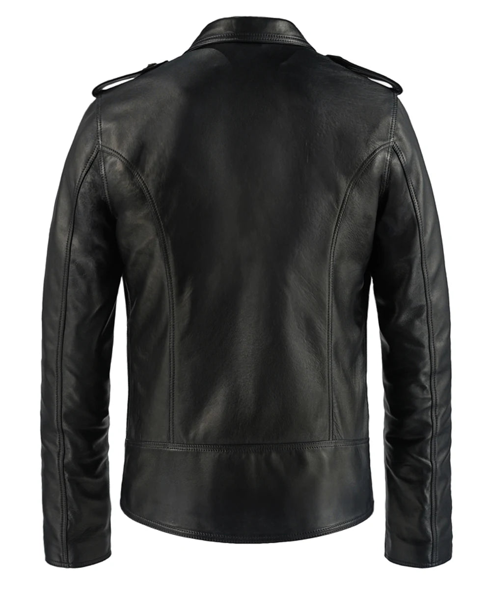 Back view of Soul Revolver Yuma men's military black leather jacket.