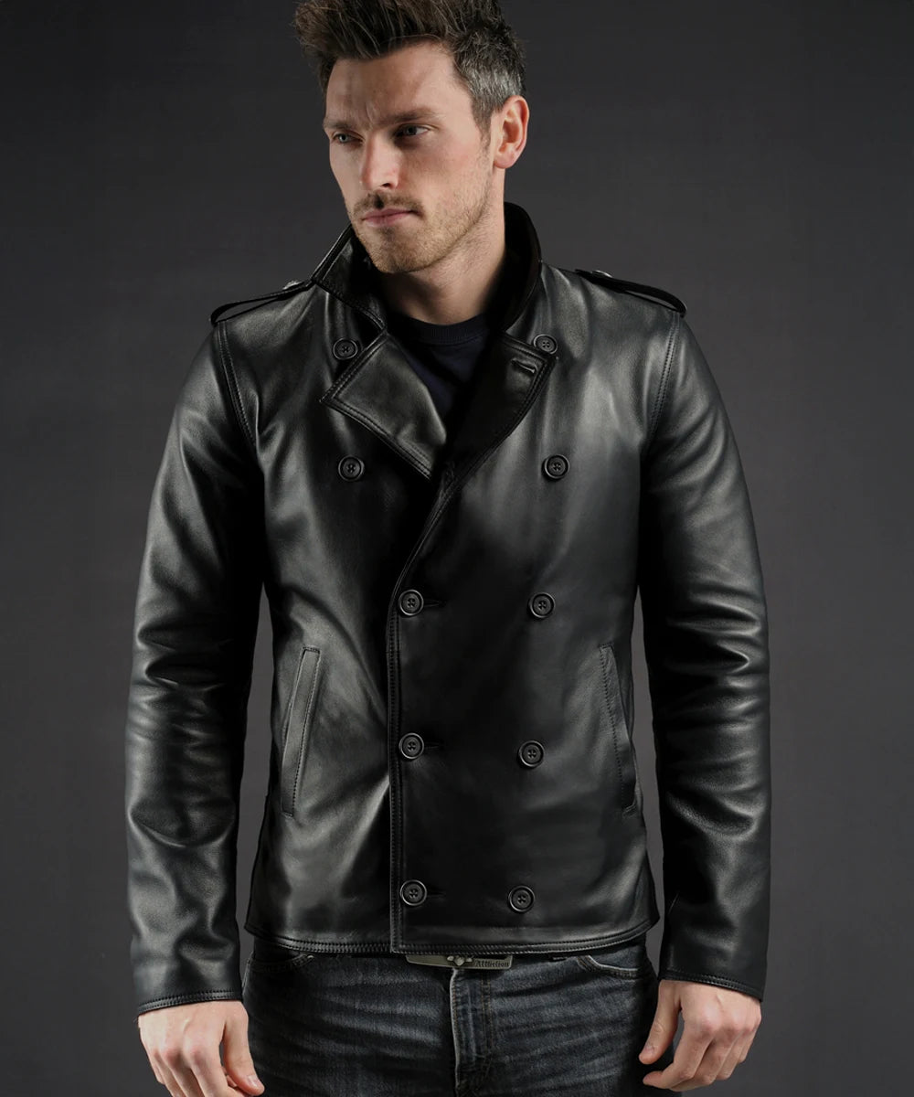 Model wearing Yuma double breasted black leather jacket with shoulder epaulettes.
