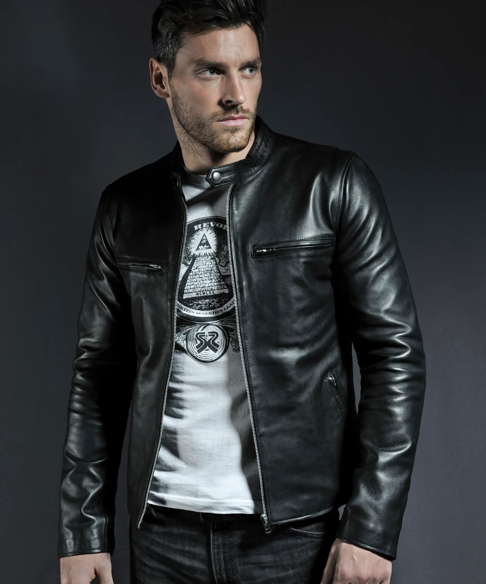 Mens Italian Black Leather Jacket - Cafe Racer. Vintage Style.