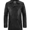 Men's black leather coat. Double breasted design. Made in Italy.