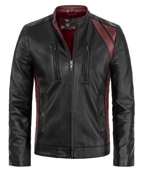 Men's black leather jacket featuring striking red accents, exuding sophistication and vintage style.